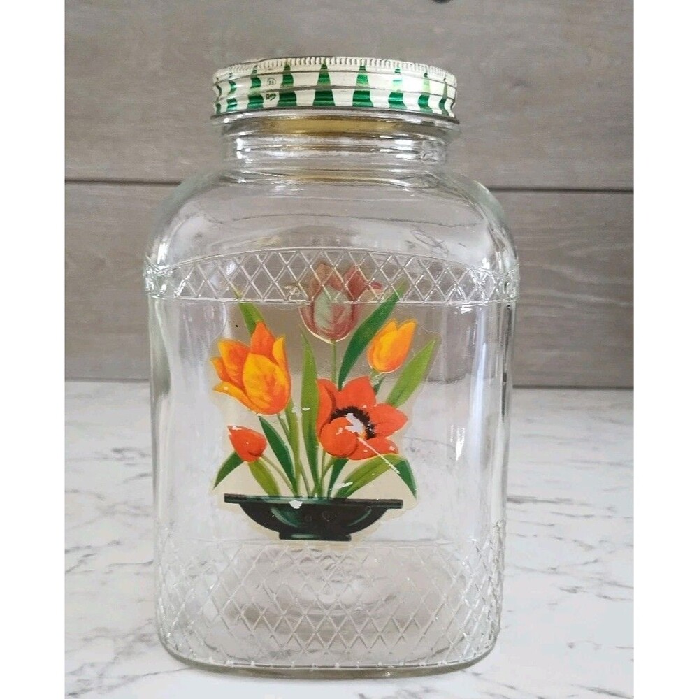 Hazel Atlas Hoosier Cabinet Glass Jar Diamond Print Flower Decal Green Lid Vntg